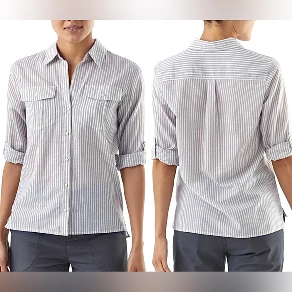 Patagonia Gray Striped Organic Cotton Hemp Button Up Shirt Button-down Top. Med - Picture 1 of 8